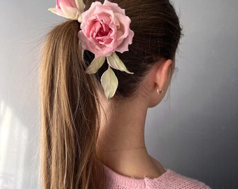 fenicottero rosa di seta, fermaglio per capelli, accessorio per capelli, gioielli da sposa, acconciatura da sposa, rosa, rosa salmone, corallo, pesca, rosa francese