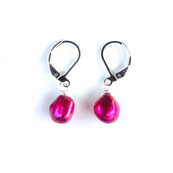 Fuchsia Baroque Freshwater Pearl Sterling Silver Dangle Earrings