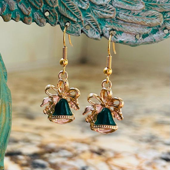 Green Enamel Christmas Bell Dangle Earrings