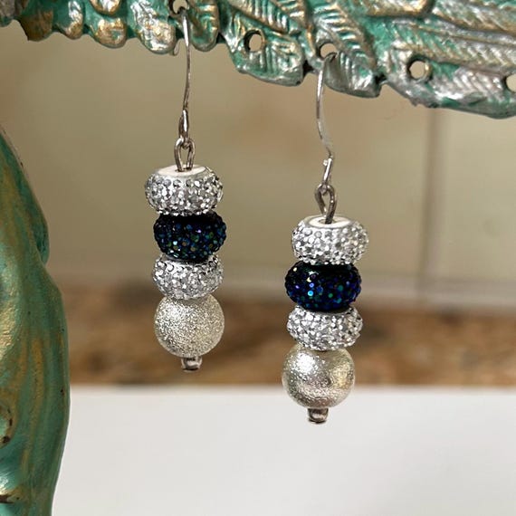 Sparkly Silver and Blue Rhinestone Dangle Earrings