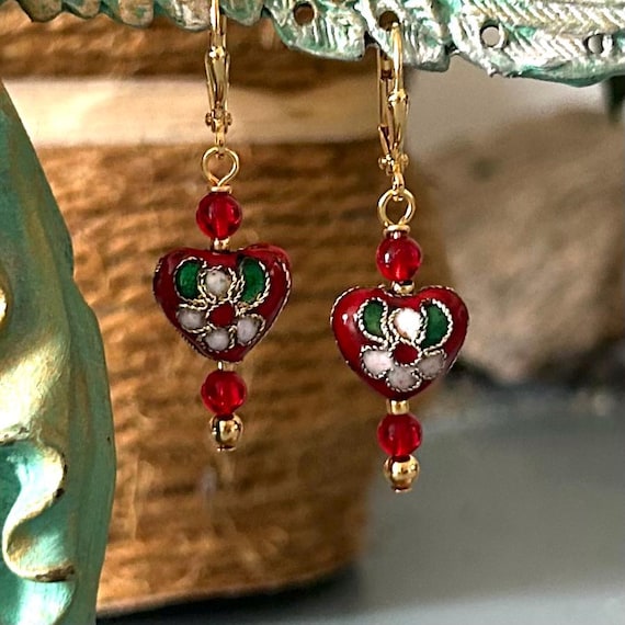 Romantic Red Cloisonné Heart Earrings