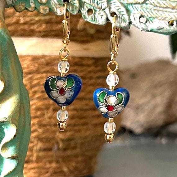 Cloisonné in Blue Heart Dangle Earrings