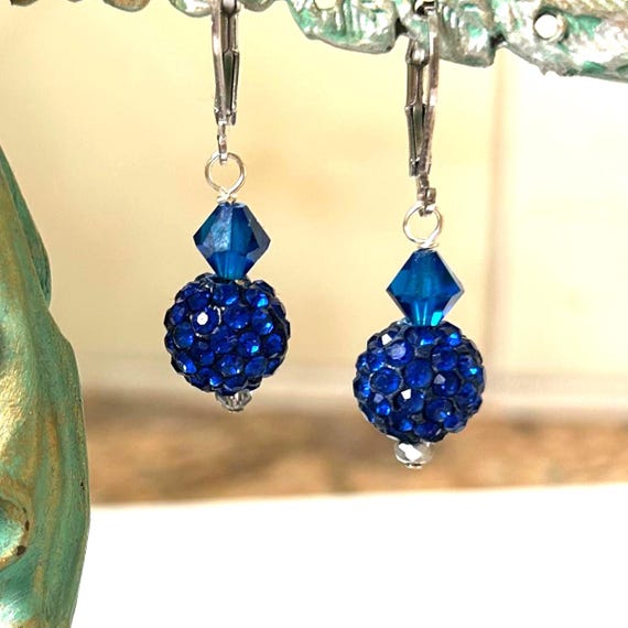 Dark Blue Crystal Ball Rhinestone Dangle Earrings