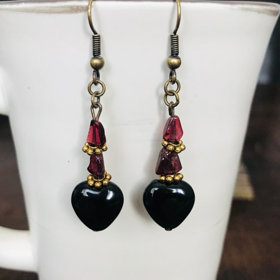 Black Onyx Heart And Garnet Dangle Earrings