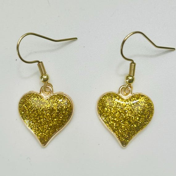 Gold Glitter Heart Dangle Earrings