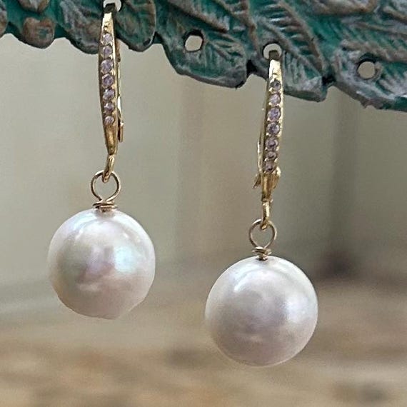 CZ Lever Back Freshwater Baroque Pearl Earrings