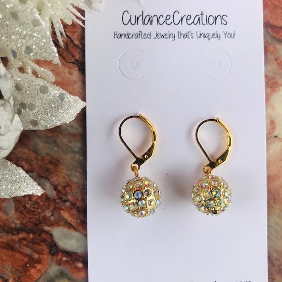 Gold Pave Crystal Ball Holiday Dangle Earrings