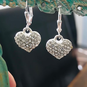 Silver Pave Crystal Puffed Heart Earrings