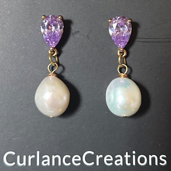 Amethyst Cubic Zirconia and Baroque Pearl Earrings