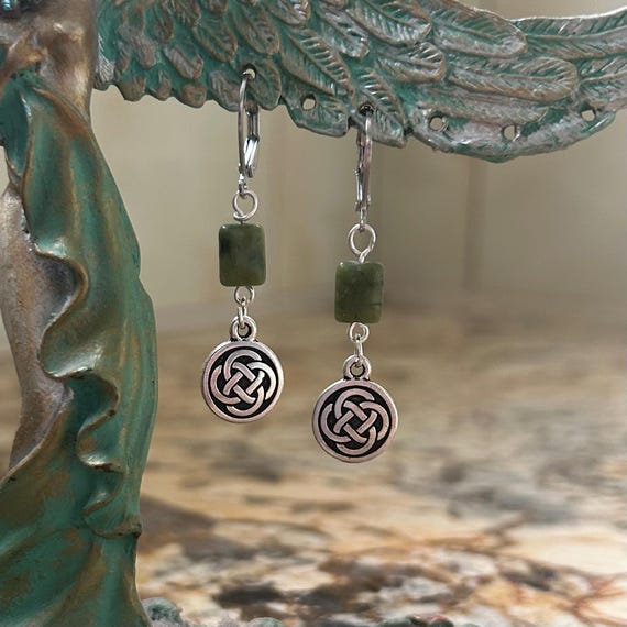 Connemara Marble and Silver Celtic Knot Circle Charm Earrings