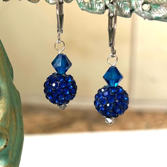 Dark Blue Crystal Ball Rhinestone Dangle Earrings
