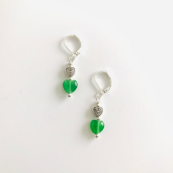 Green Cat’s Eye Heart Dangle Earrings