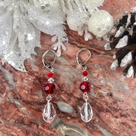 Crystal and Glass Red and Clear Teardrop Holiday Dangle Earrings