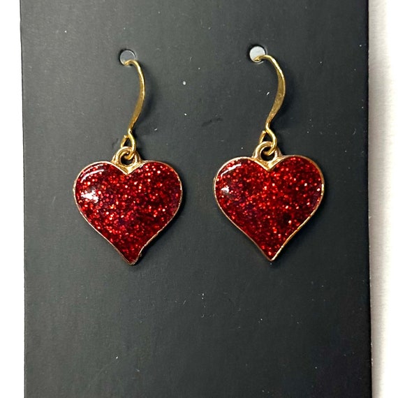 Red Glitter Heart Dangle Earrings