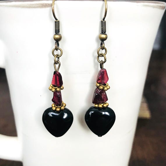Black Onyx Heart And Garnet Dangle Earrings