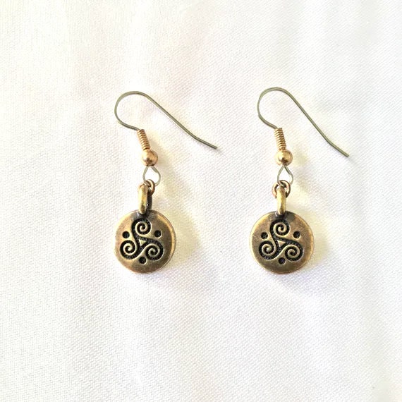 The Celtic Brass Triskele  Spiral Earrings