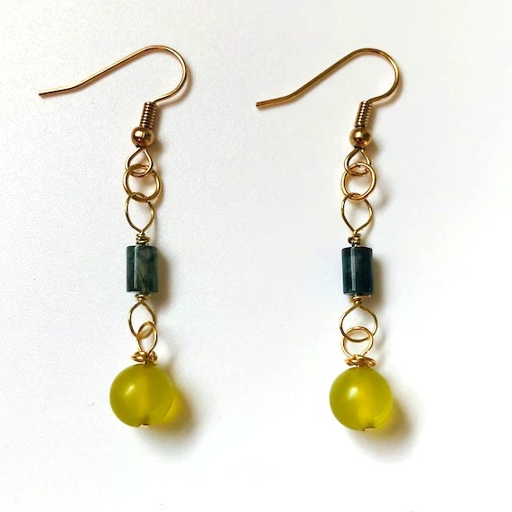 Pretty Prehnite and Green Moss Agate Dangle Earrings