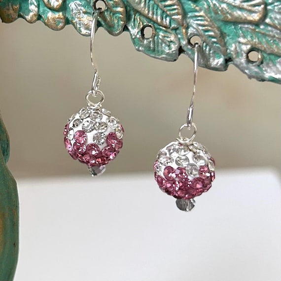 Pink and Silver Crystal Ball Rhinestone Dangle Earrings