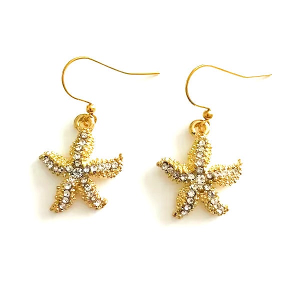 Gold Rhinestone Starfish Dangle Earrings