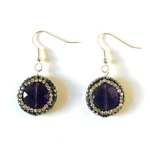 Amethyst Druzy and Rhinestone Sterling Silver Dangle Earrings