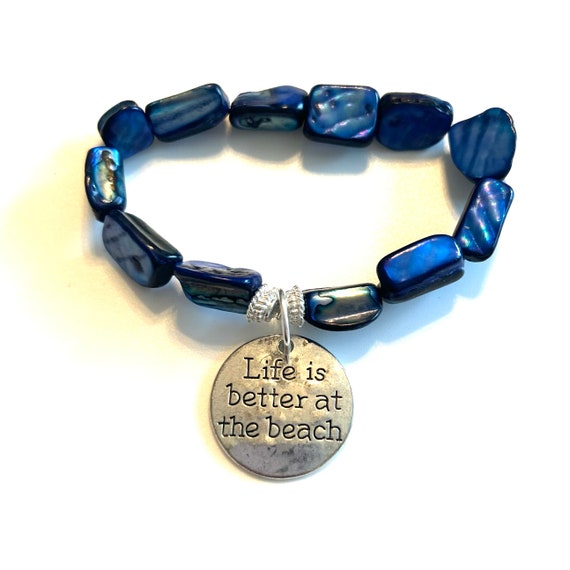 Beach Blue Mother of Pearl Shell Life Better on Beach Stretch Bracelet