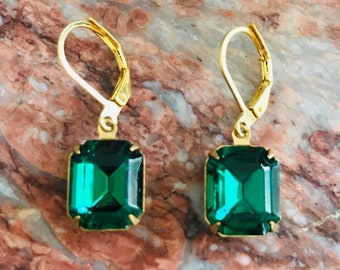 Emerald Green Octagon Faceted Glass Dangle Earrings