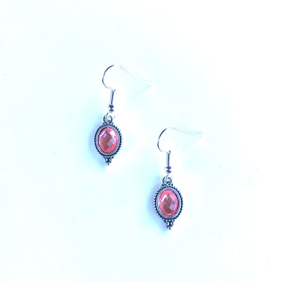 Faceted Pink Glass Bezel Set Antique Silver Dangle Earrings