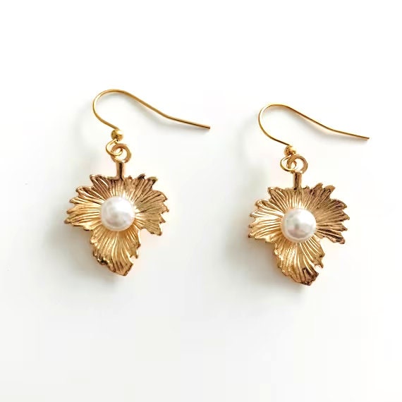 Gold Leaf with a Pearl Dangle Earrings