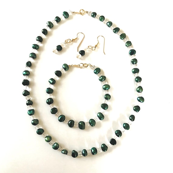 Green Freshwater Pearl and Crystal Cube Necklace, Bracelet and Earrings Set Gold Filled