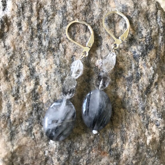 Herkimer Diamond Quartz  and Tourmaline Dangle Earrings