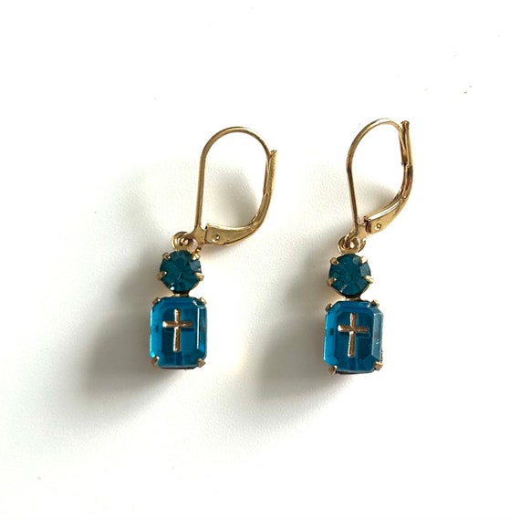 Blue Octagon Zircon with Gold Intaglio Cross and Rhinestone Dangle Earrings