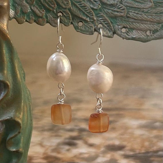 Baroque Pearl and Carnelian Sterling Silver Dangle Earrings