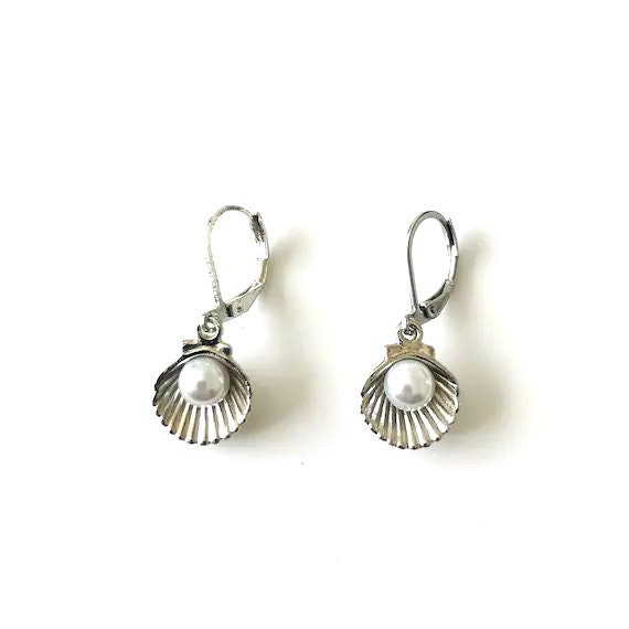 Silver Seashell and Pearl Dangle Earrings