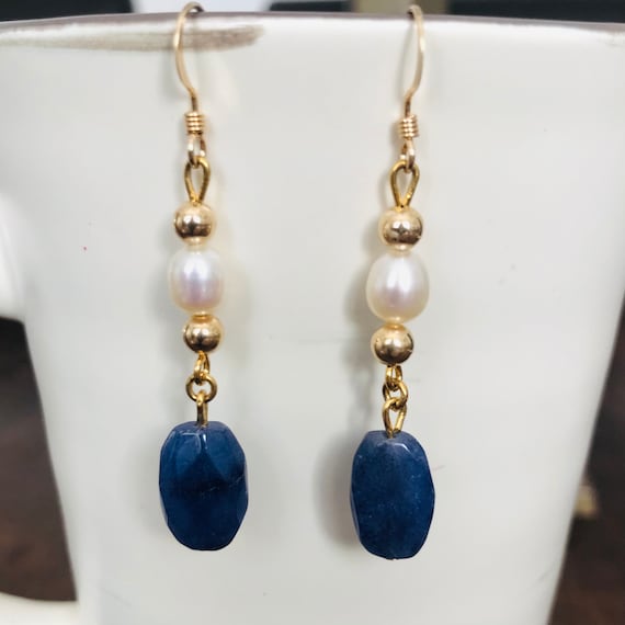 Elegant Faceted Blue Quartz and Freshwater Pearl Dangle Earrings