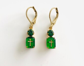 Emerald Green Octagon Zircon with Gold Intaglio Cross and Rhinestone Dangle Earrings