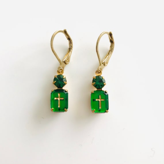 Emerald Green Octagon Zircon with Gold Intaglio Cross and Rhinestone Dangle Earrings