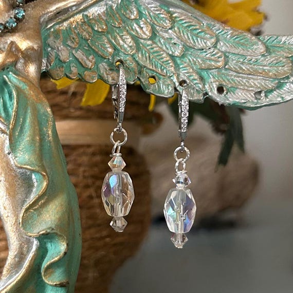 AB Crystal Teardrop Dangle Earrings with CZ Lever Back