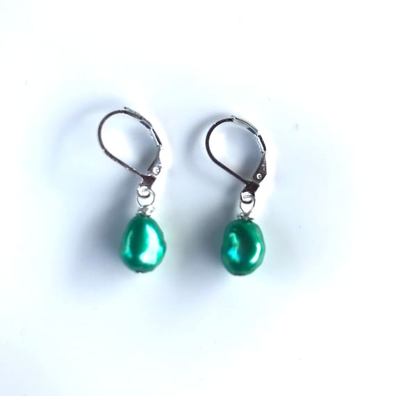 Green Baroque Freshwater Pearl Dangle Earrings