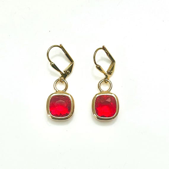 Ruby Red Faceted Glass Dangle Earrings