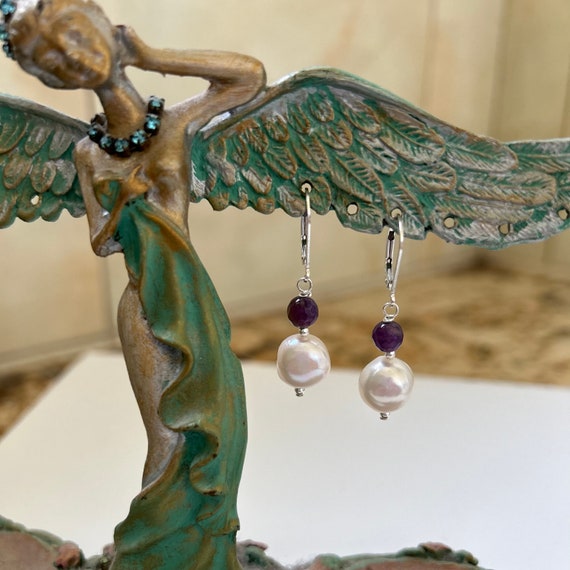 White Baroque Pearl and Amethyst Sterling Silver Earrings