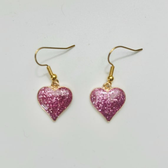 Purple Glitter Heart Dangle Earrings