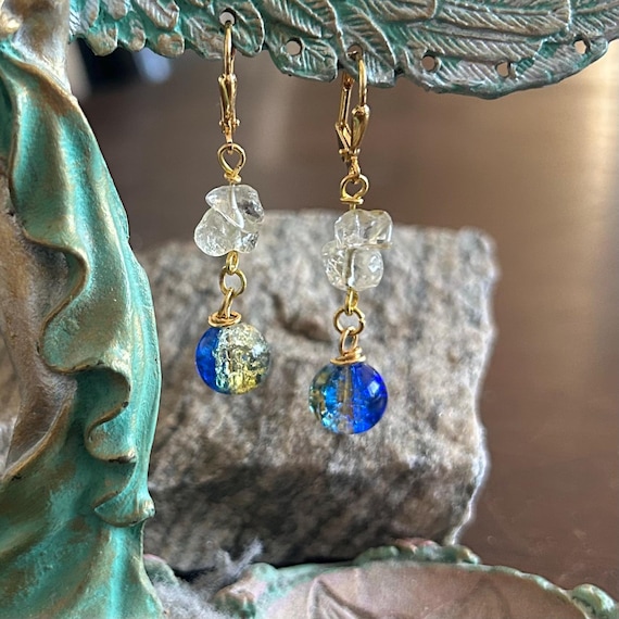 Citrine and Blue Yellow Gradient Crackle Bead Earrings
