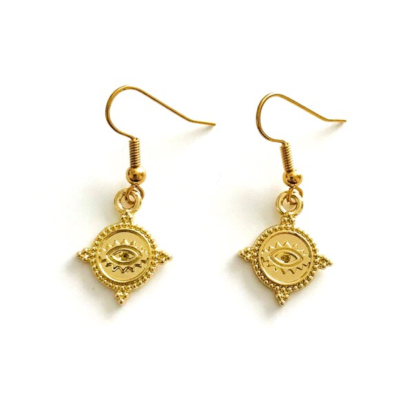 Etruscan Style Gold Evil Eye Dangle Earrings