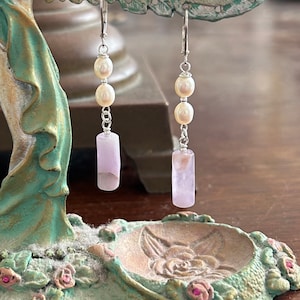 Freshwater Pearl and Amethyst Sterling Silver Dangle Earrings