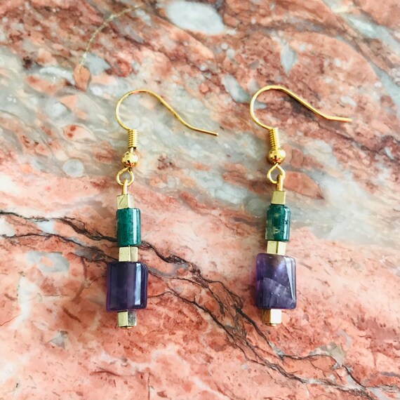 Amethyst and Green Moss Agate Barrel Earrings with Gold Hematite Accents