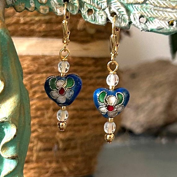 Cloisonné in Blue Heart Dangle Earrings