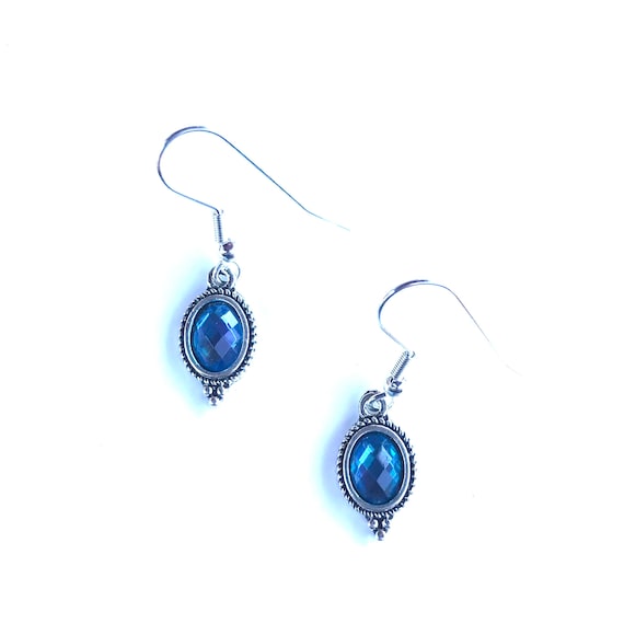 Faceted Blue Glass Bezel Set Antique Silver Dangle Earrings