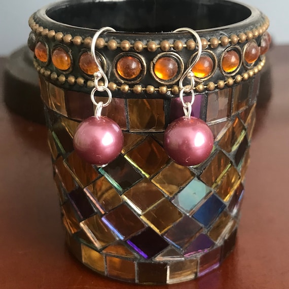 Elegant Mauve Shell Pearl Sterling Silver Dangle Earrings