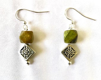Celtic Green Serpentine and Silver Pewter Earrings