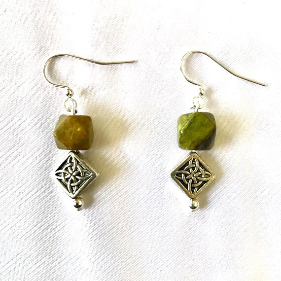 Celtic Green Serpentine and Silver Pewter Earrings